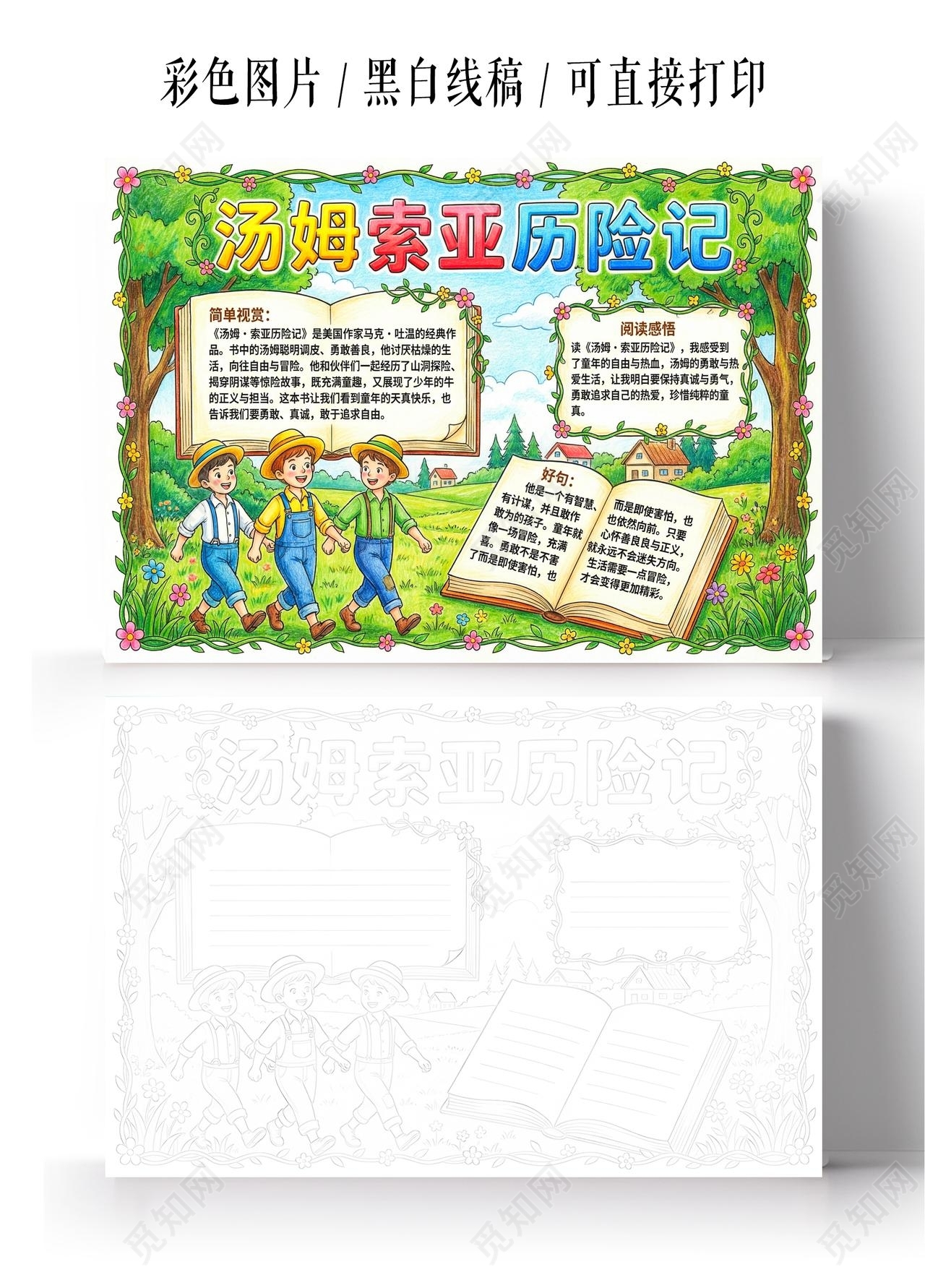 彩色卡通手绘汤姆索亚历险记小报手抄报读书