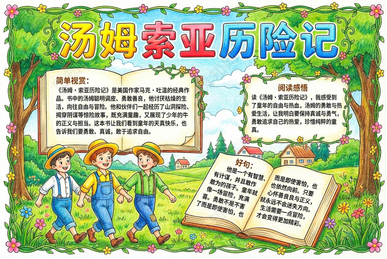 彩色卡通手绘汤姆索亚历险记小报手抄报读书