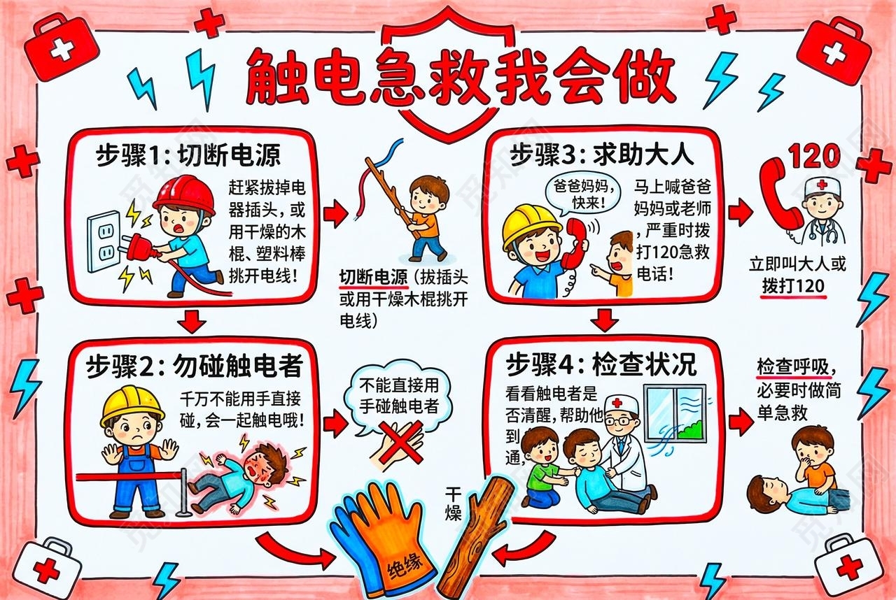 彩色卡通手绘触电急救小方法小报手抄报小学生手抄报