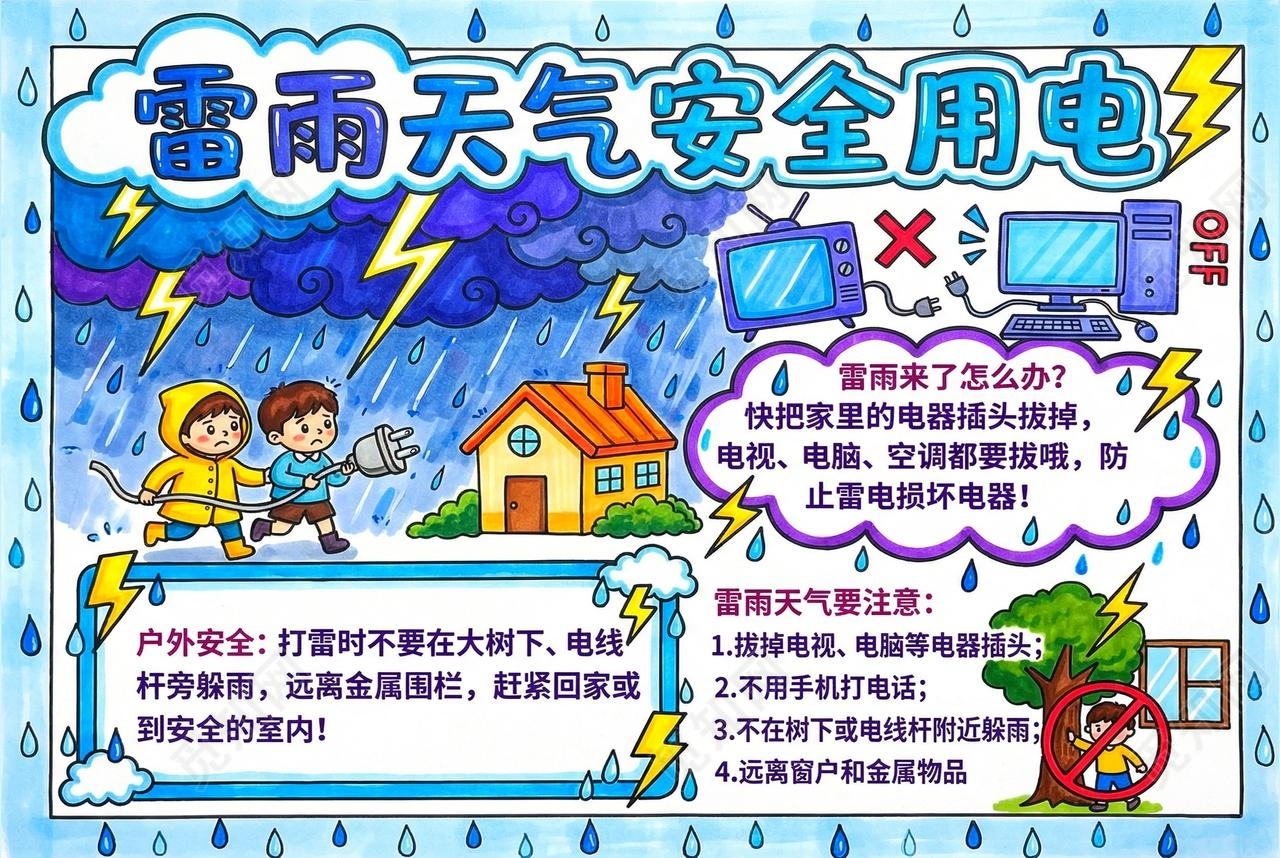 彩色卡通手绘雷雨天气安全用电小报手抄报小学生手抄报