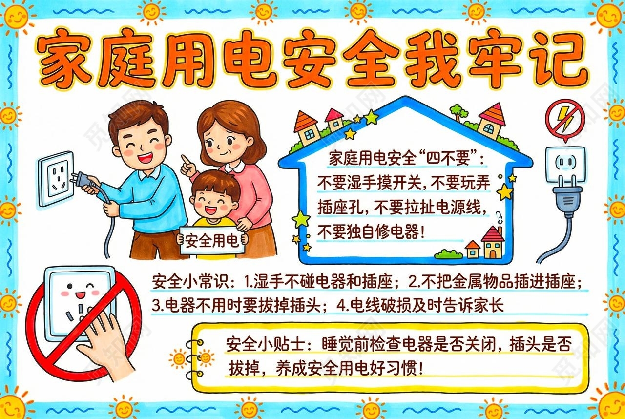彩色卡通手绘家庭用电安全我牢记小报手抄报小学生手抄报