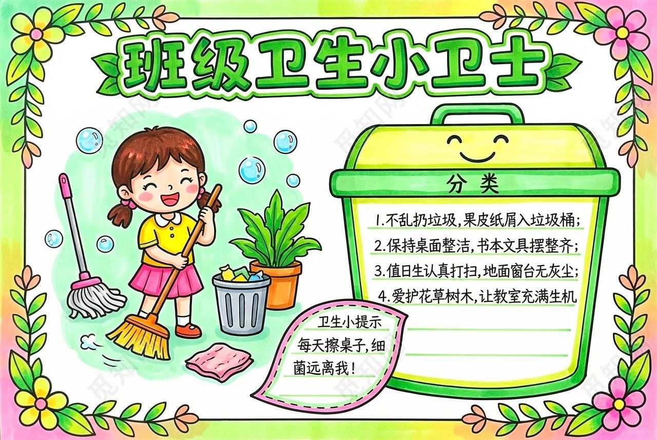 彩色卡通手绘班级卫生小卫士小报手抄报小学生手抄报