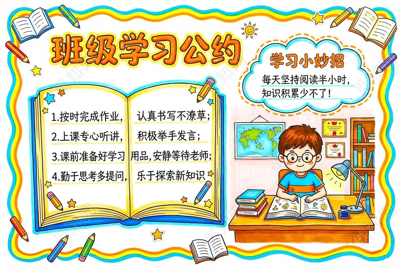 彩色卡通手绘班级学习公约小报手抄报小学生手抄报