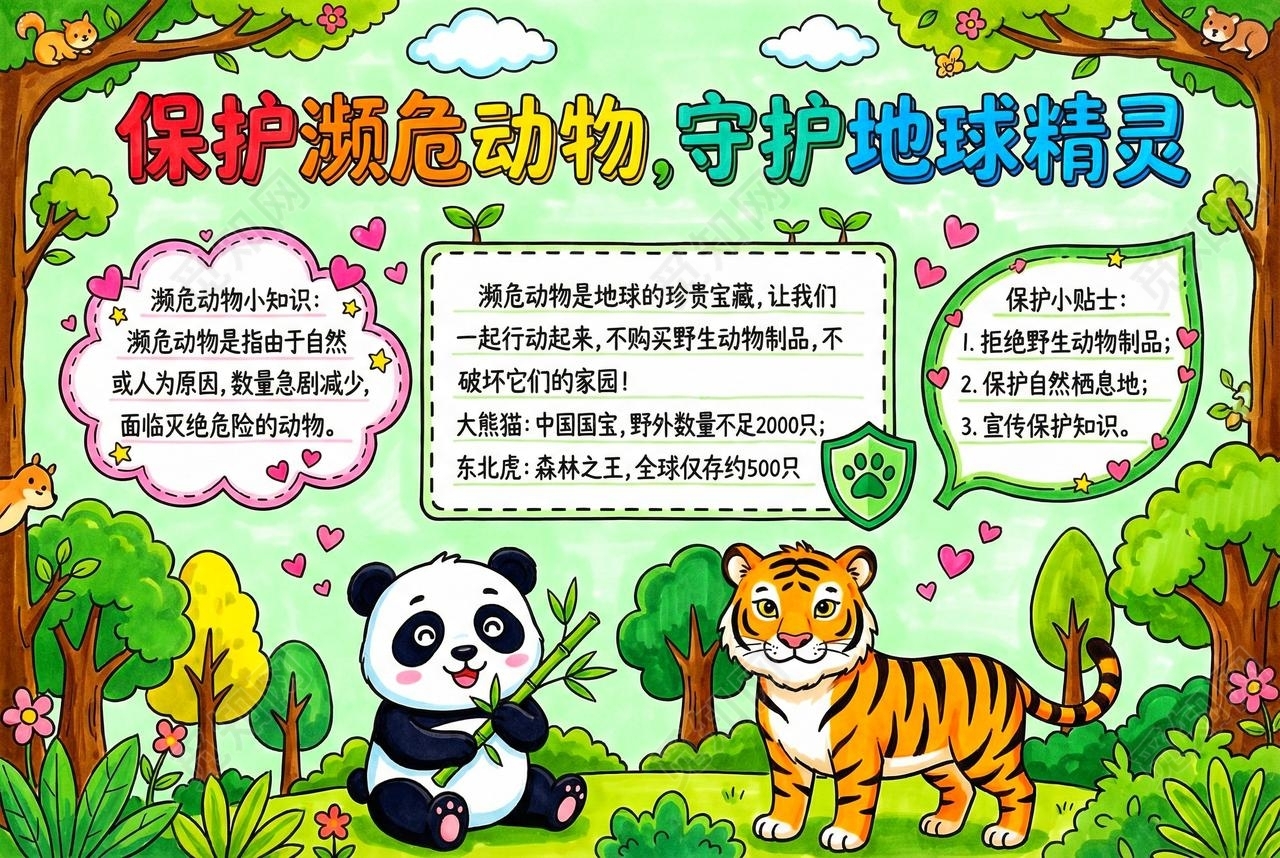 彩色卡通手绘保护濒危动物守护地球精灵小报手抄报小学生手抄报