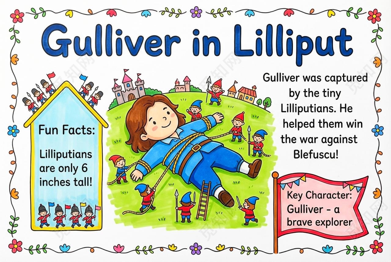 彩色卡通手绘格列佛在小人国小报手抄报读书