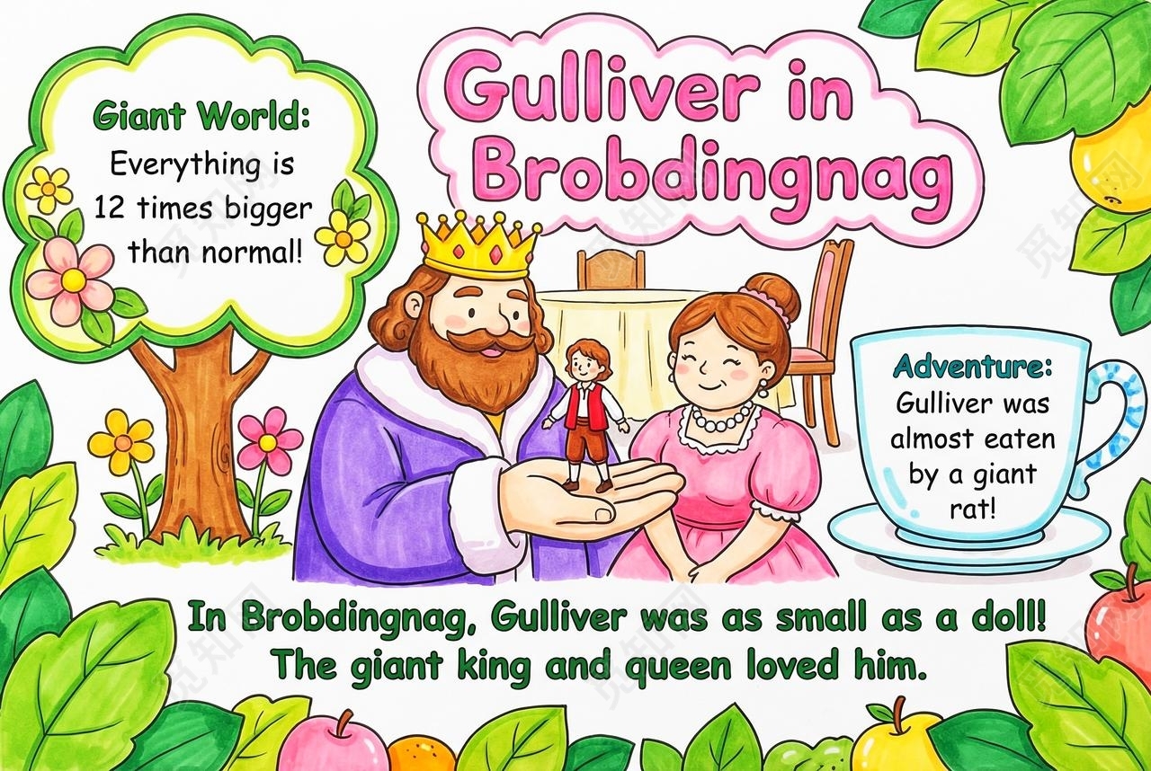 彩色卡通手绘格列佛在大人国小报手抄报读书