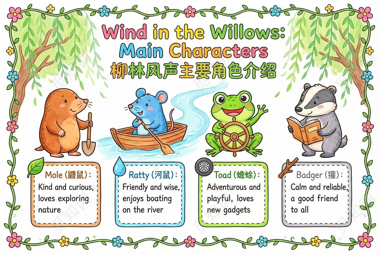 彩色卡通手绘柳林风声主要角色介绍英语小报读书
