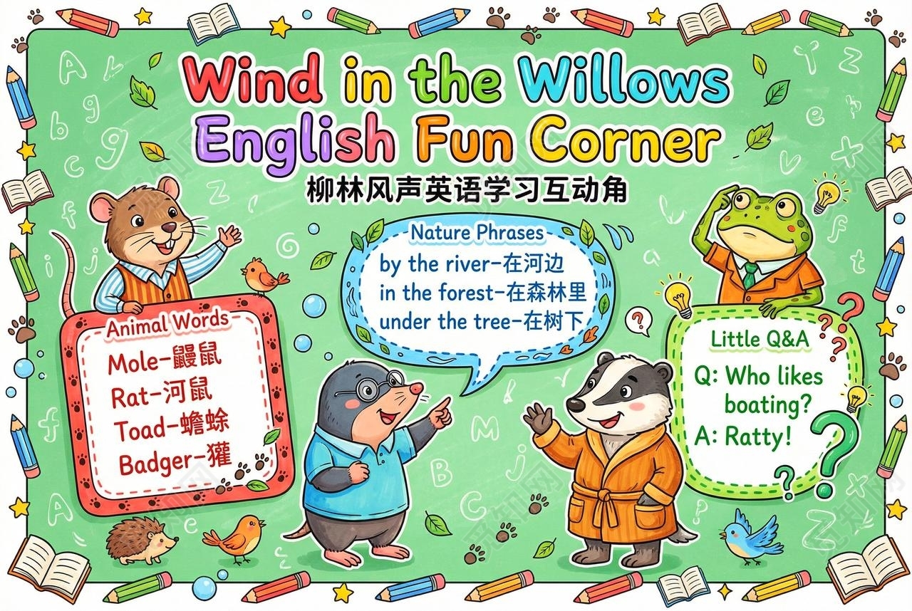 彩色卡通手绘柳林风声英语学习互动小报手抄报读书