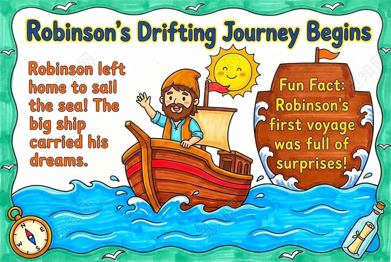 彩色卡通手绘鲁滨逊的漂流启程英语小报手抄报读书