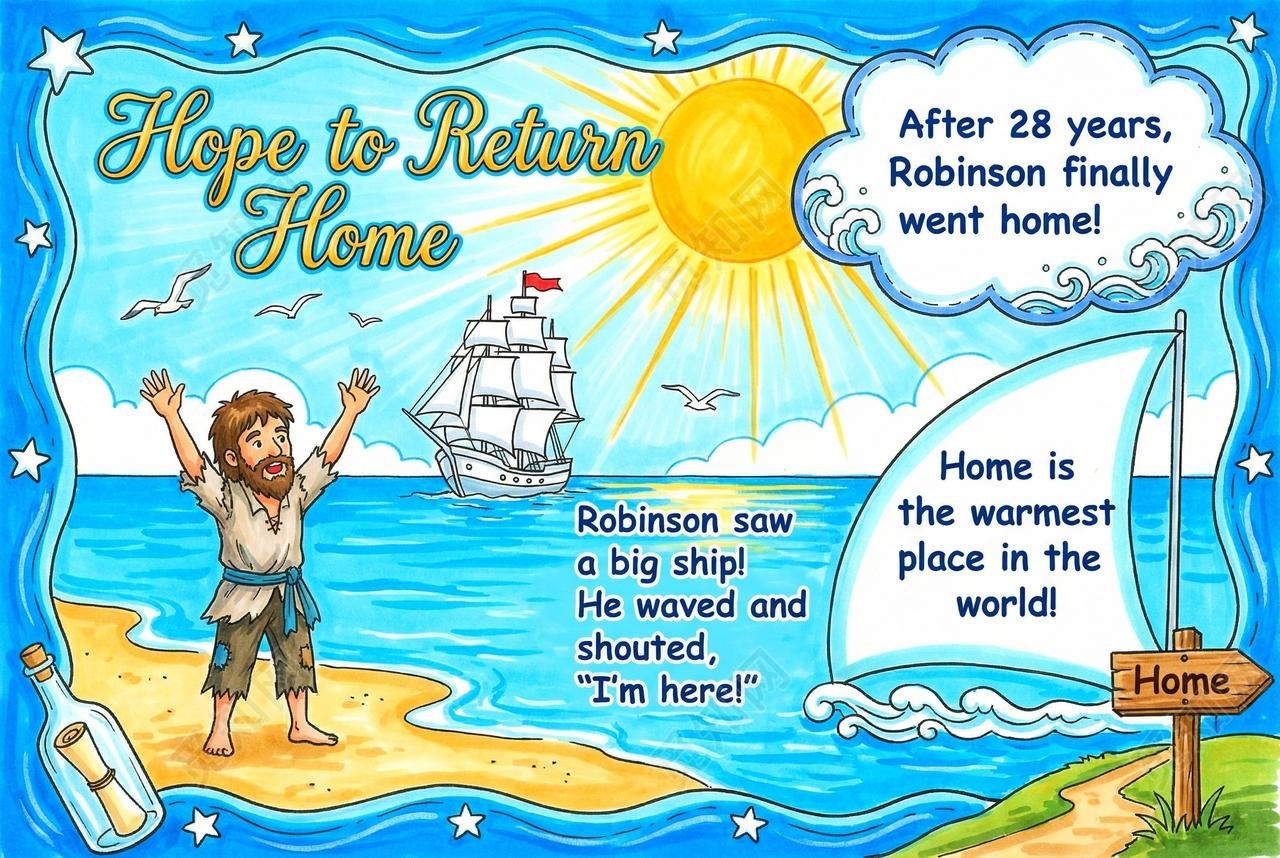 彩色卡通手绘重返家园的希望英语小报手抄报读书