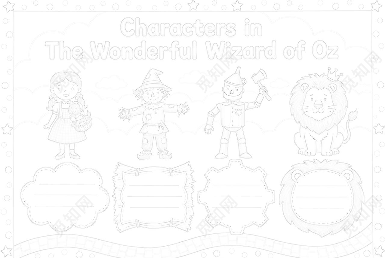 彩色卡通手绘绿野仙踪角色介绍英语小报手抄报读书