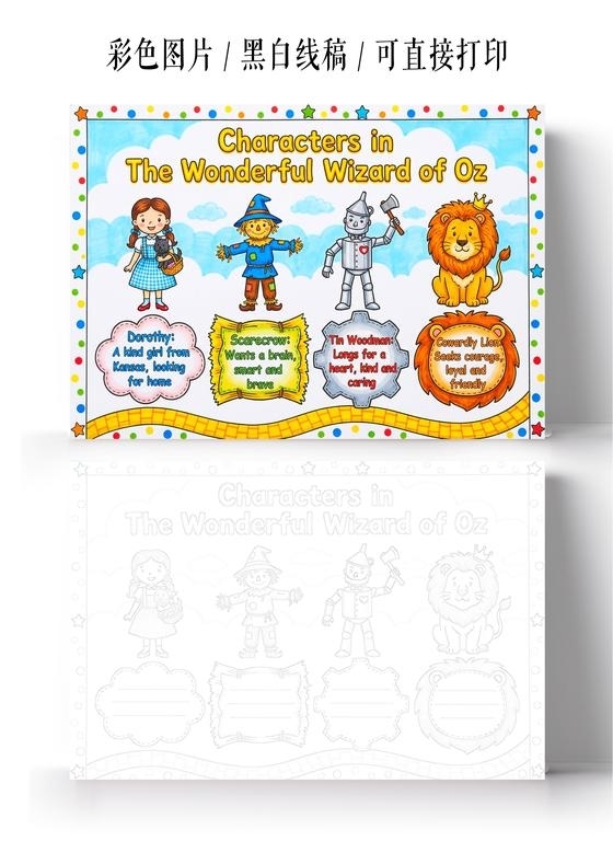 彩色卡通手绘绿野仙踪角色介绍英语小报手抄报读书