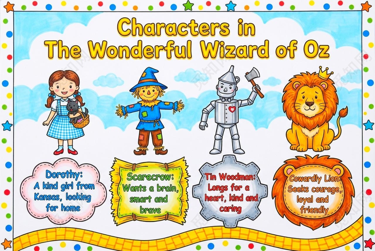彩色卡通手绘绿野仙踪角色介绍英语小报手抄报读书