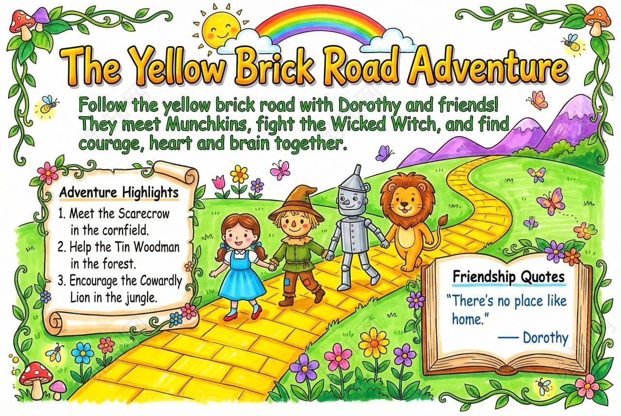 彩色卡通手绘黄砖路冒险之旅英语小报手抄报读书