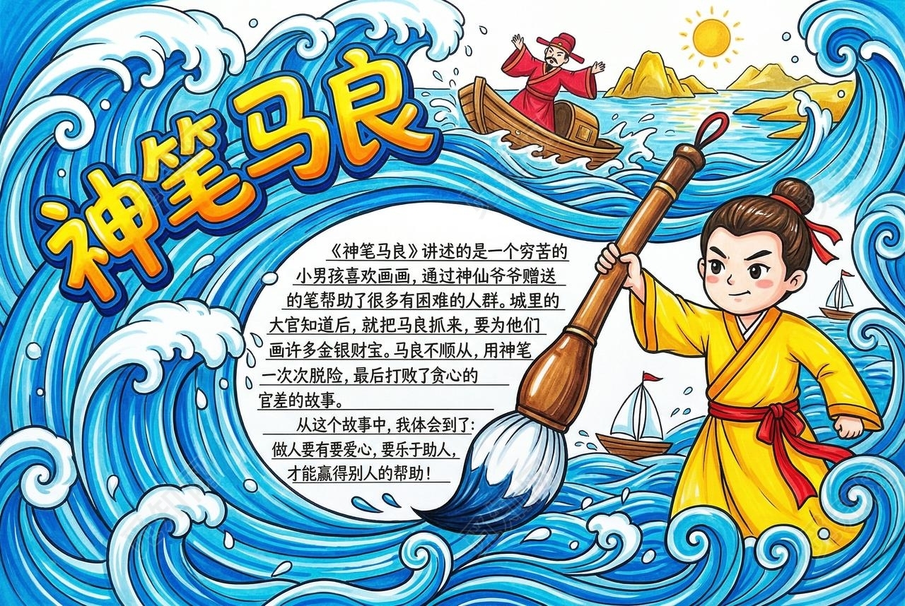彩色卡通手绘神笔马良小报手抄报读书