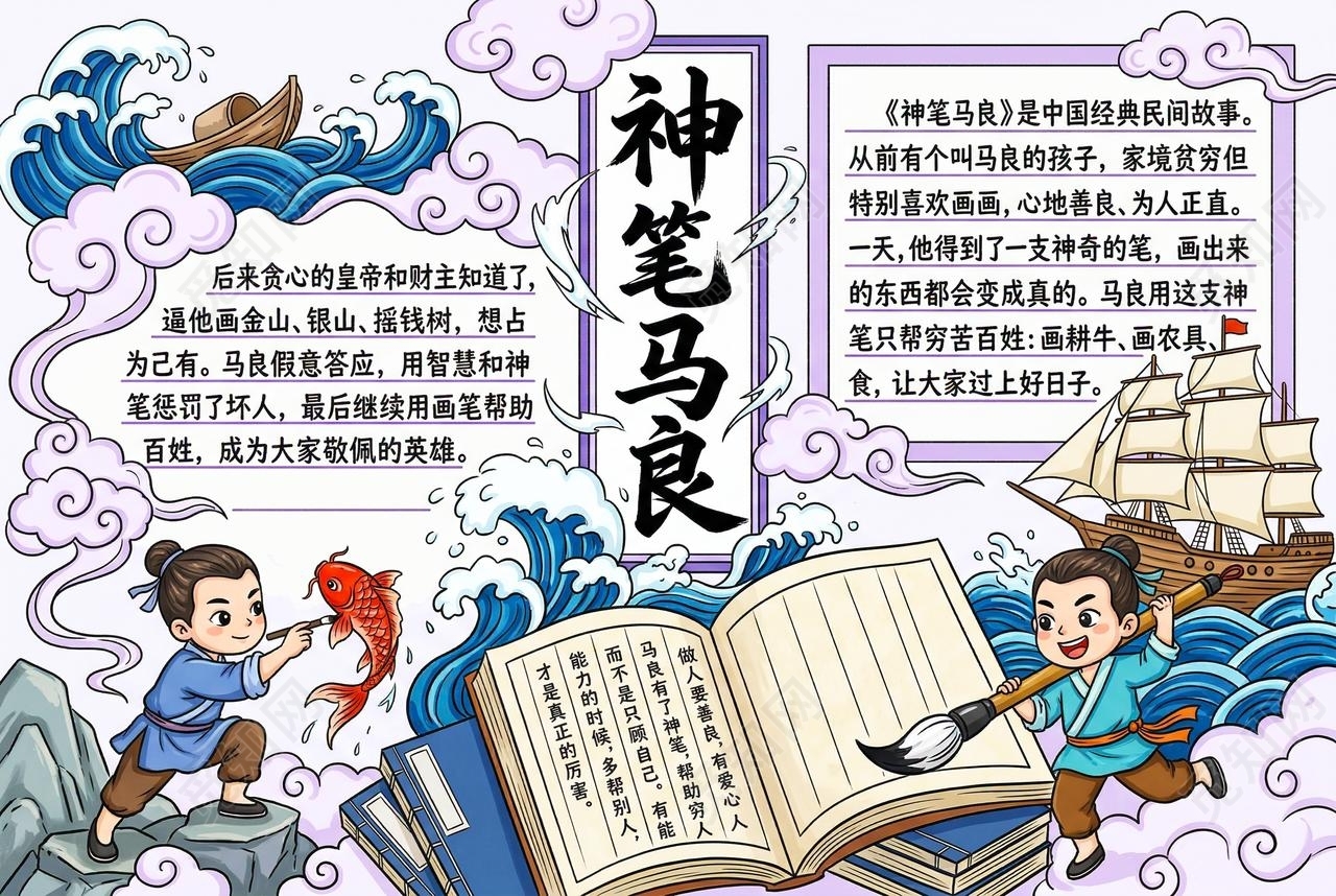 彩色卡通手绘神笔马良小报手抄报读书
