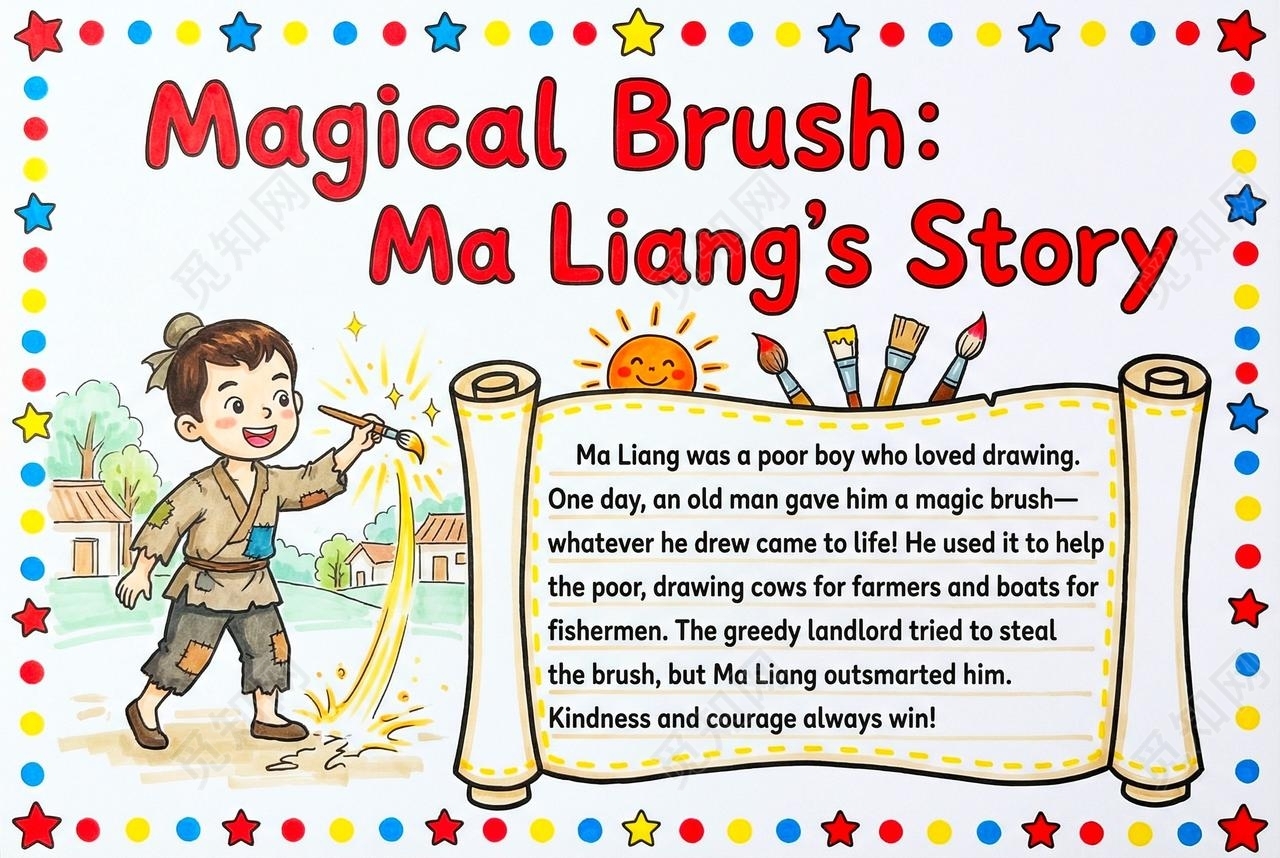彩色卡通手绘神笔马良故事梗概英语小报手抄报读书