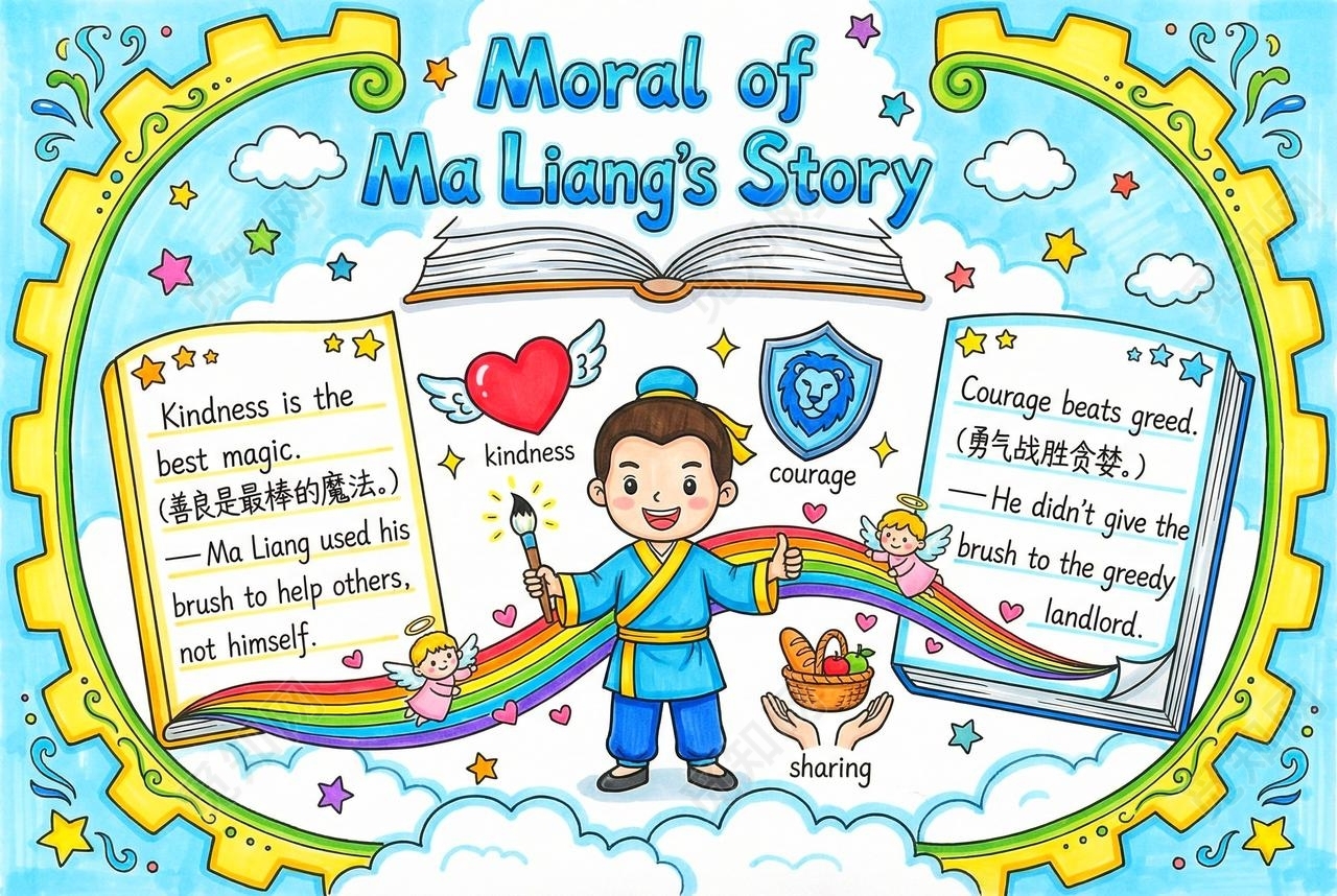 彩色卡通手绘神笔马良的道德寓意英语小报手抄报读书