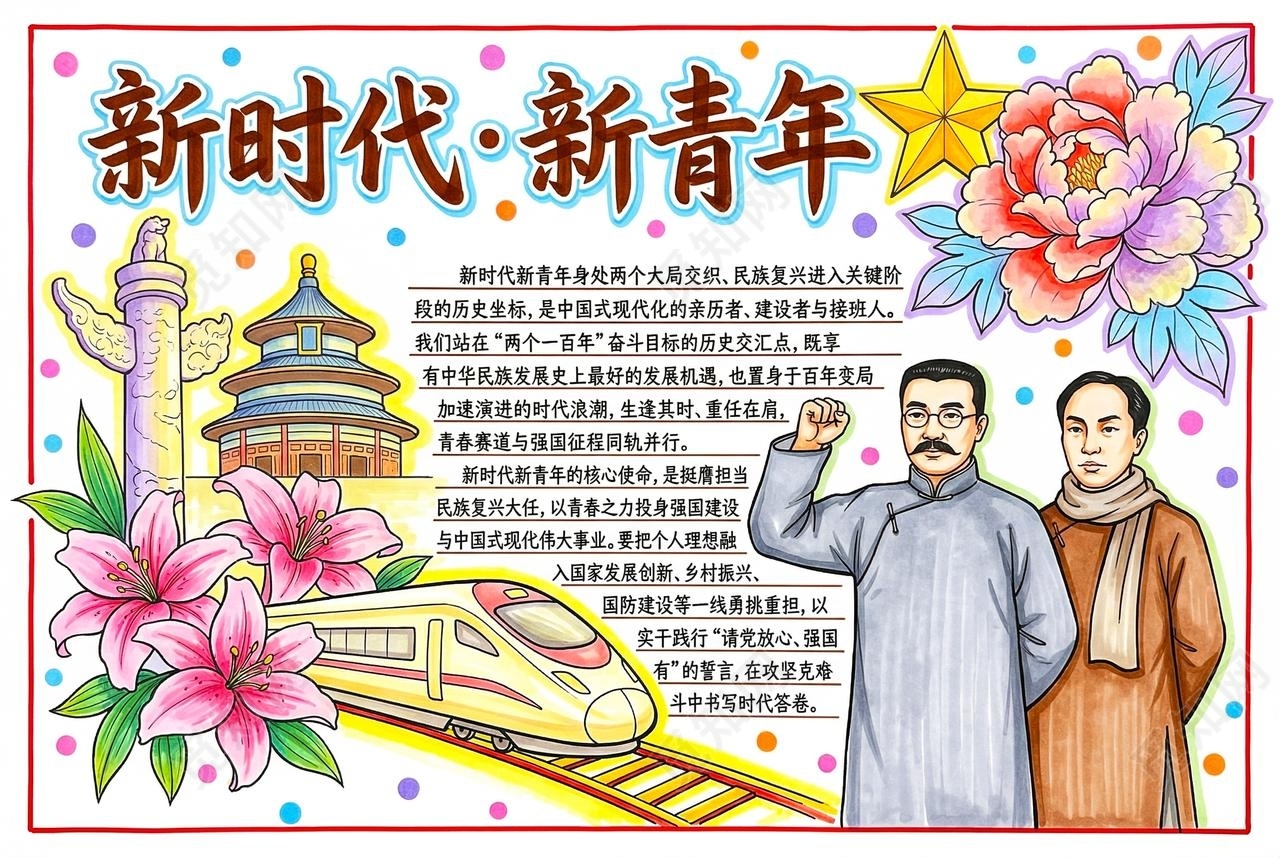 彩色卡通手绘新时代新青年小报手抄报五四