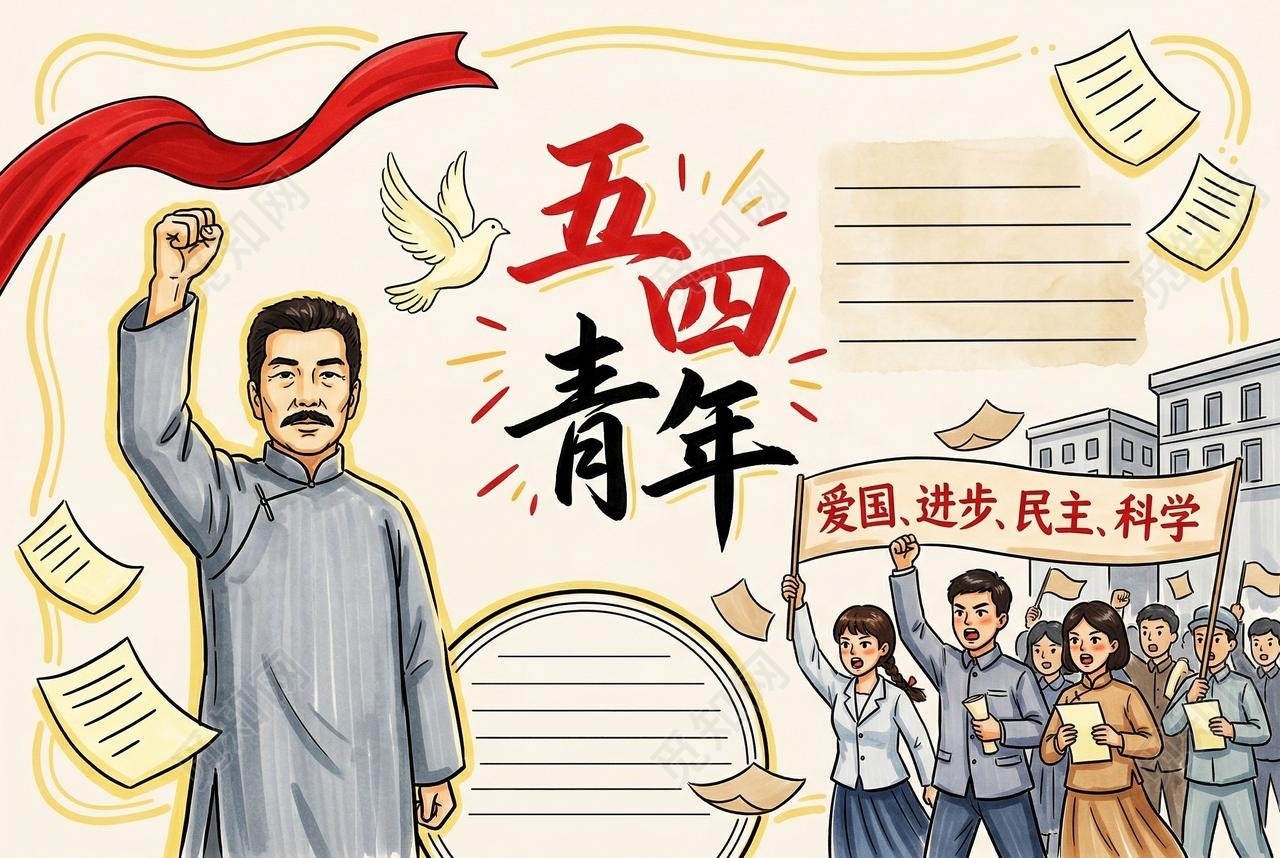 彩色卡通手绘五四青年小报手抄报