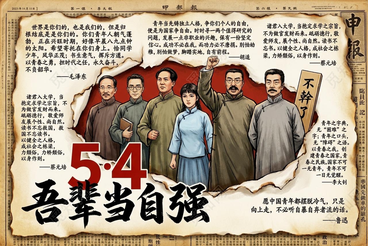 彩色卡通手绘吾辈当自强小报手抄报五四