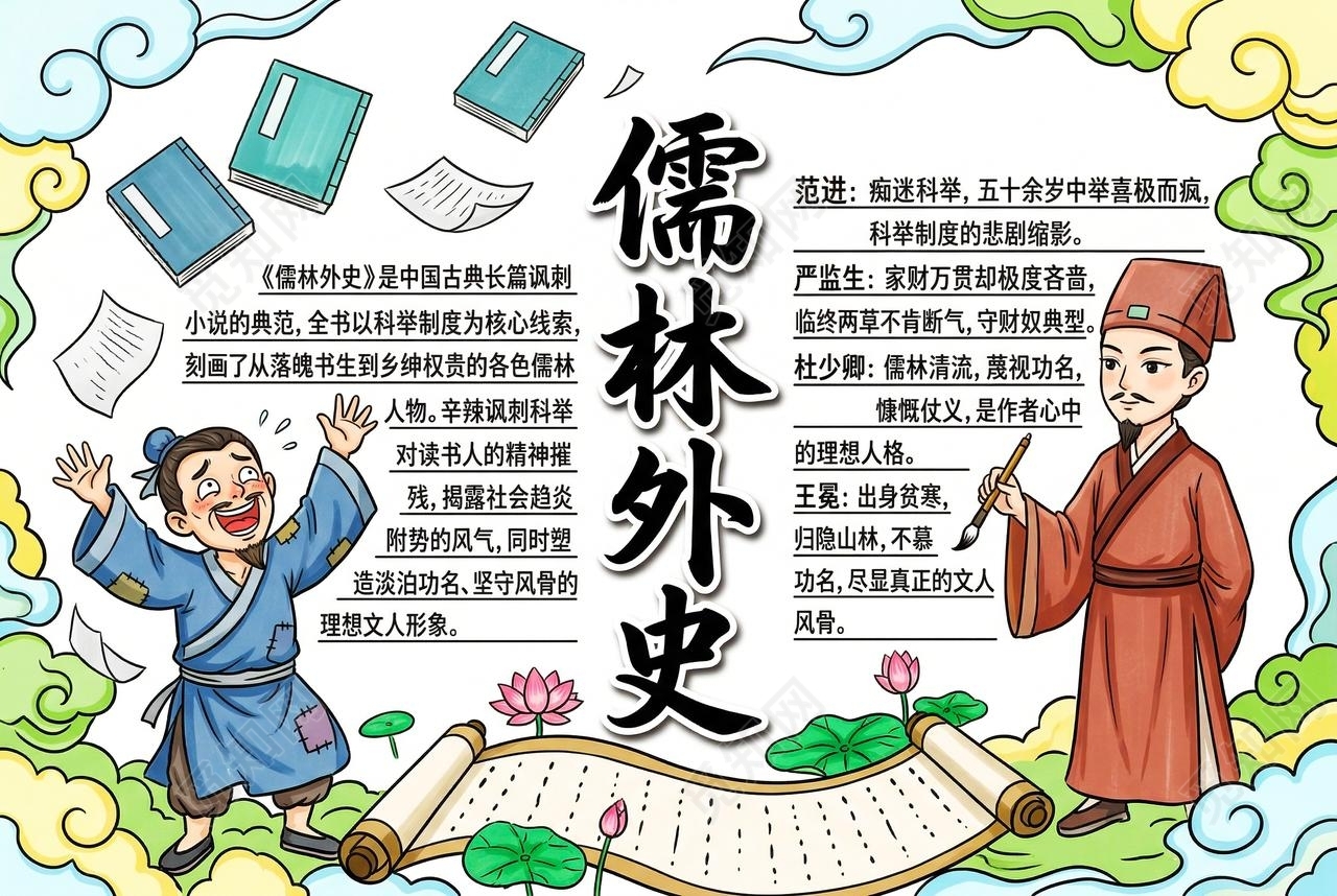 彩色卡通手绘儒林外史小报手抄报读书