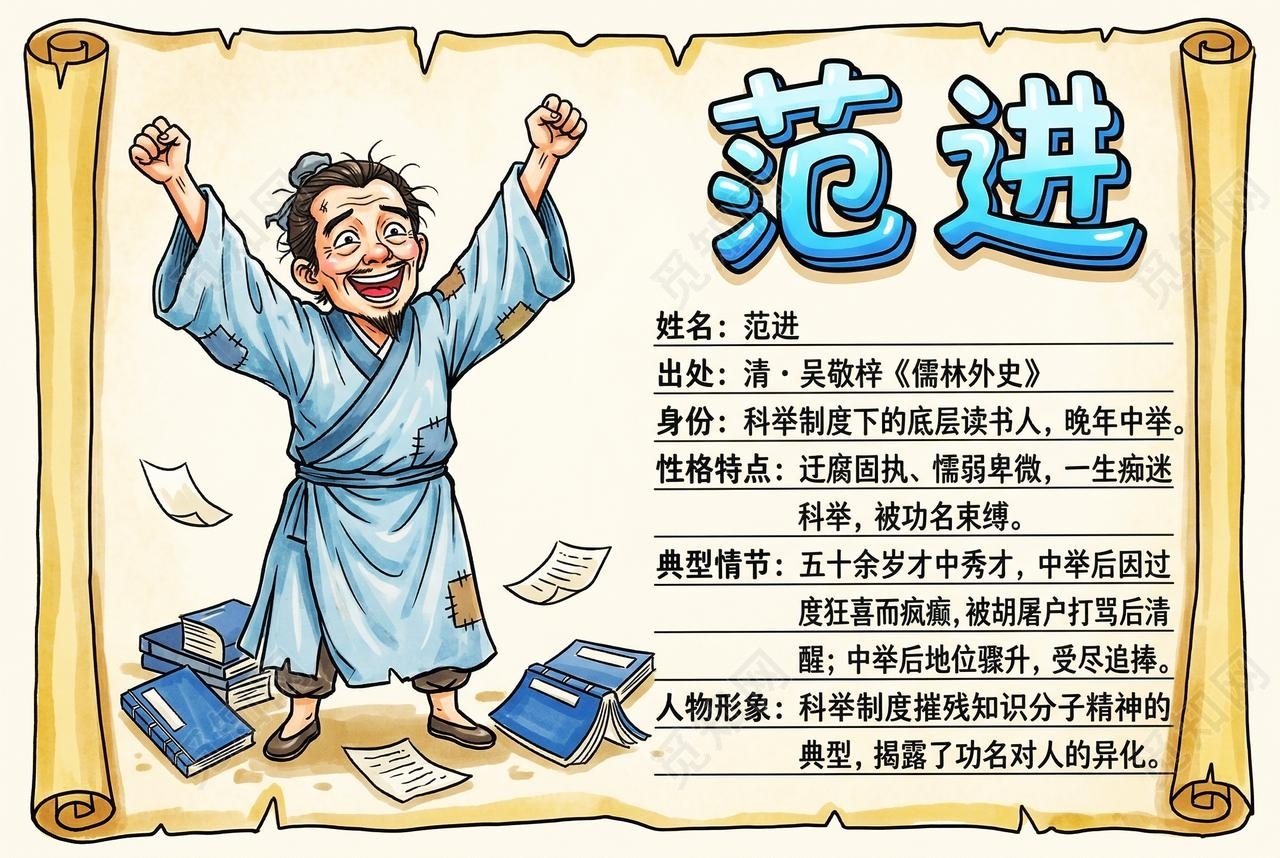 彩色卡通手绘范进小报手抄报读书