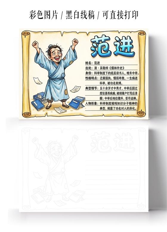 彩色卡通手绘范进小报手抄报读书