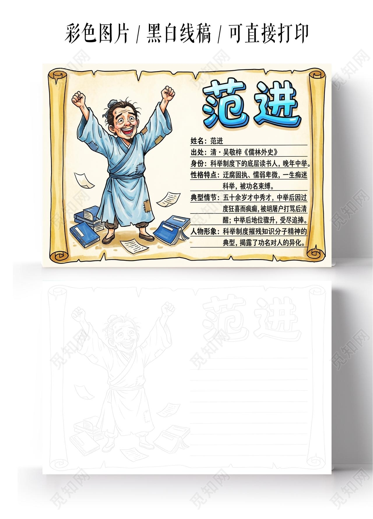 彩色卡通手绘范进小报手抄报读书