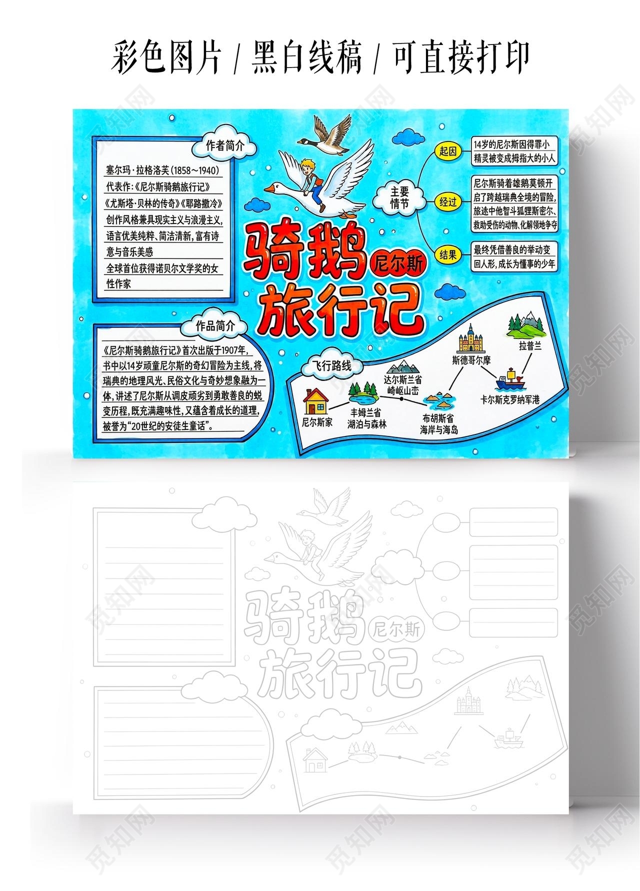 彩色卡通手绘尼尔斯骑鹅旅行记小报手抄报读书