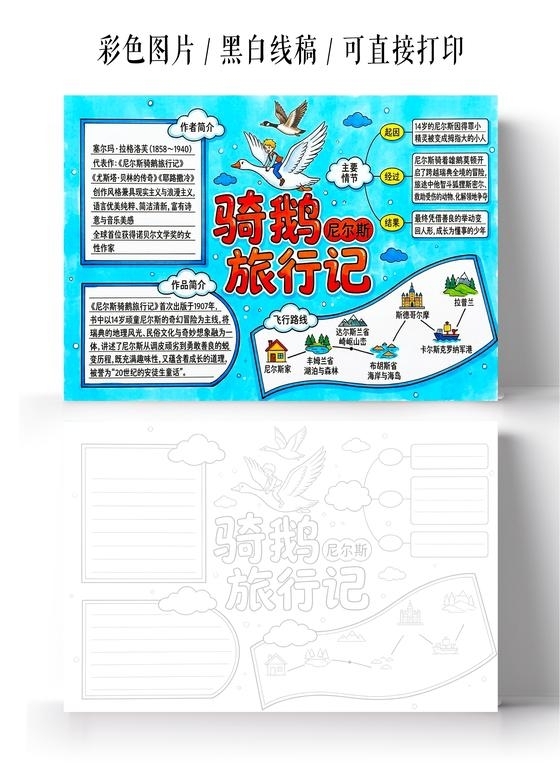 彩色卡通手绘尼尔斯骑鹅旅行记小报手抄报读书