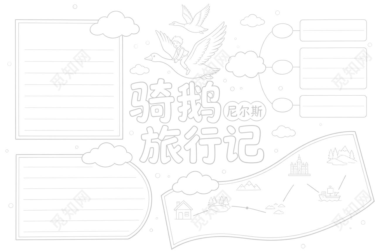 彩色卡通手绘尼尔斯骑鹅旅行记小报手抄报读书