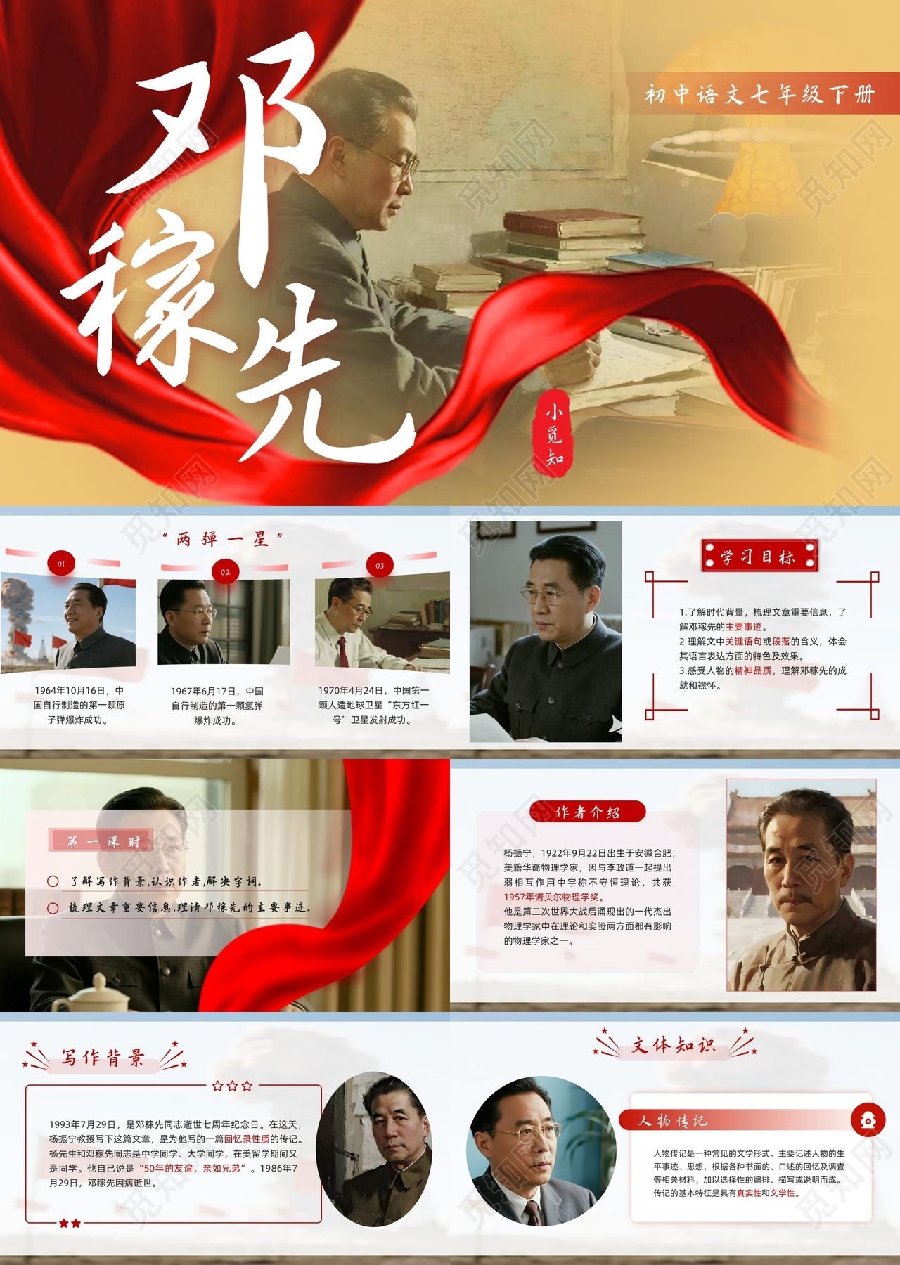 红色简约实拍邓稼先PPT模板宣传PPT动态PPT课件