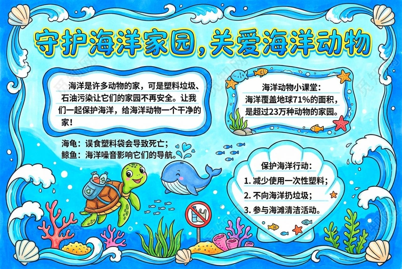 彩色卡通手绘守护海洋家园关爱海洋动物小报手抄报小学生手抄报
