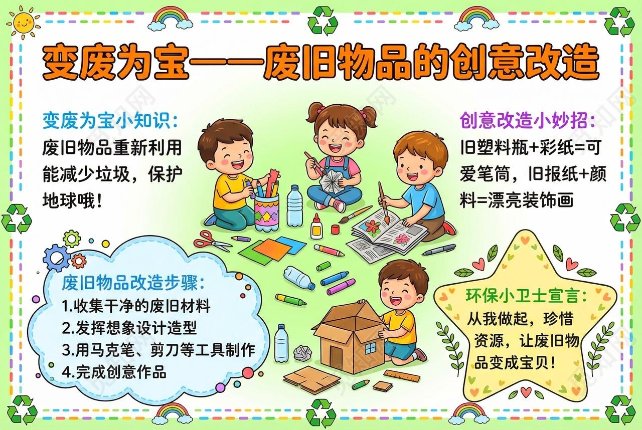 彩色卡通手绘变废为宝一一废旧物品的创意改造小报手抄报小学生手抄报