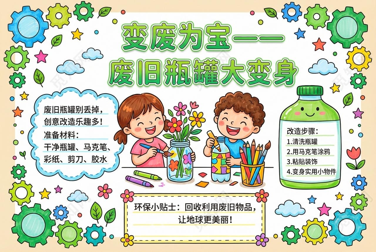 彩色卡通手绘变废为宝废旧瓶罐大变身小报手抄报小学生手抄报
