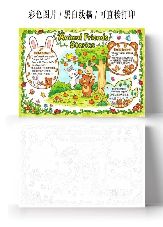 彩色卡通手绘动物朋友故事英语小报手抄报小学生手抄报