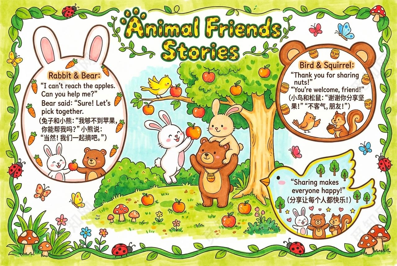 彩色卡通手绘动物朋友故事英语小报手抄报小学生手抄报