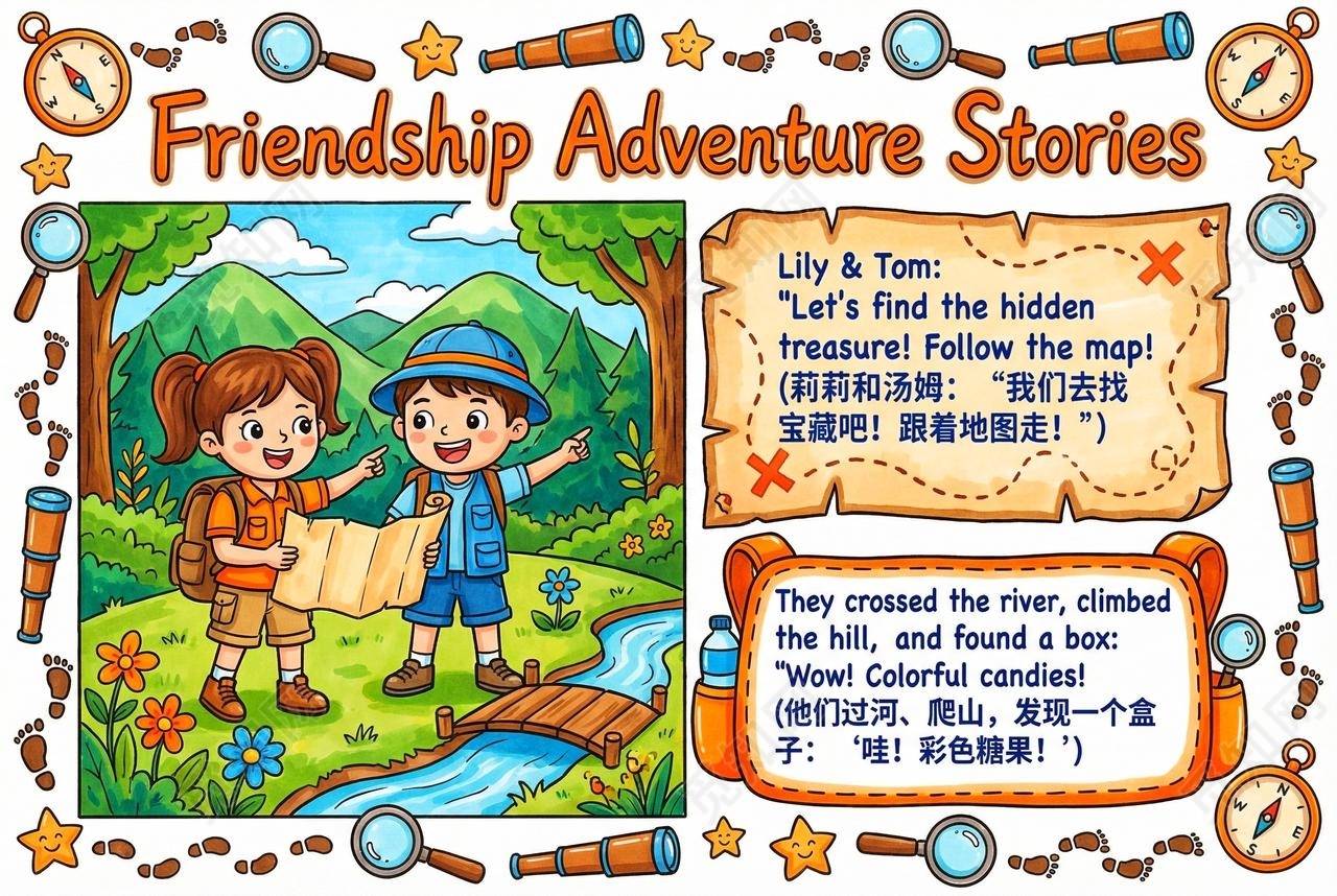 彩色卡通手绘友谊冒险故事英语小报手抄报小学生手抄报