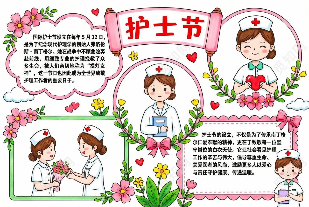 彩色卡通手绘护士节小报手抄报