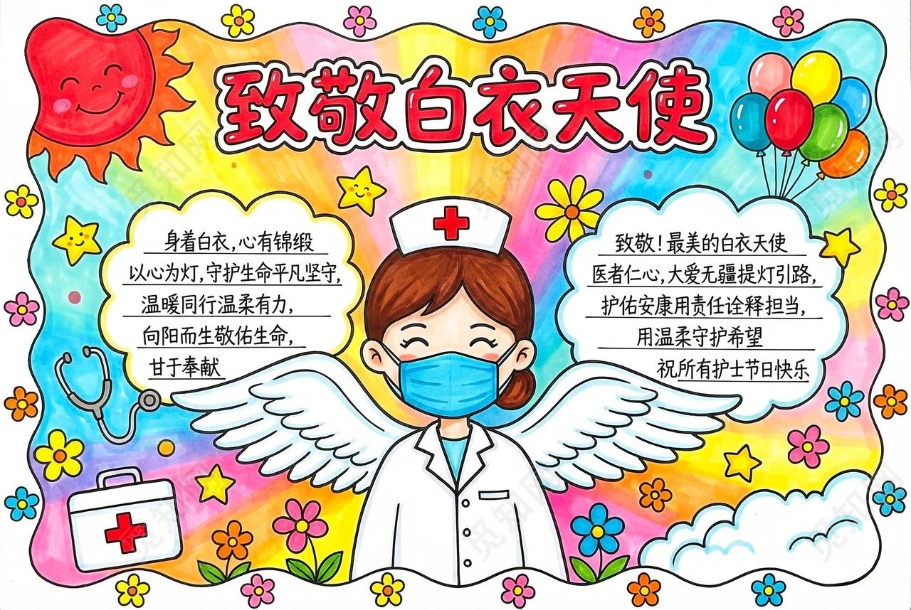 彩色卡通手绘致敬白衣天使小报手抄报护士节