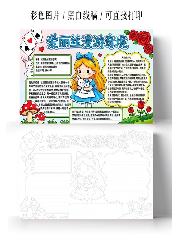彩色卡通手绘爱丽丝梦游仙境的手抄报小报读书