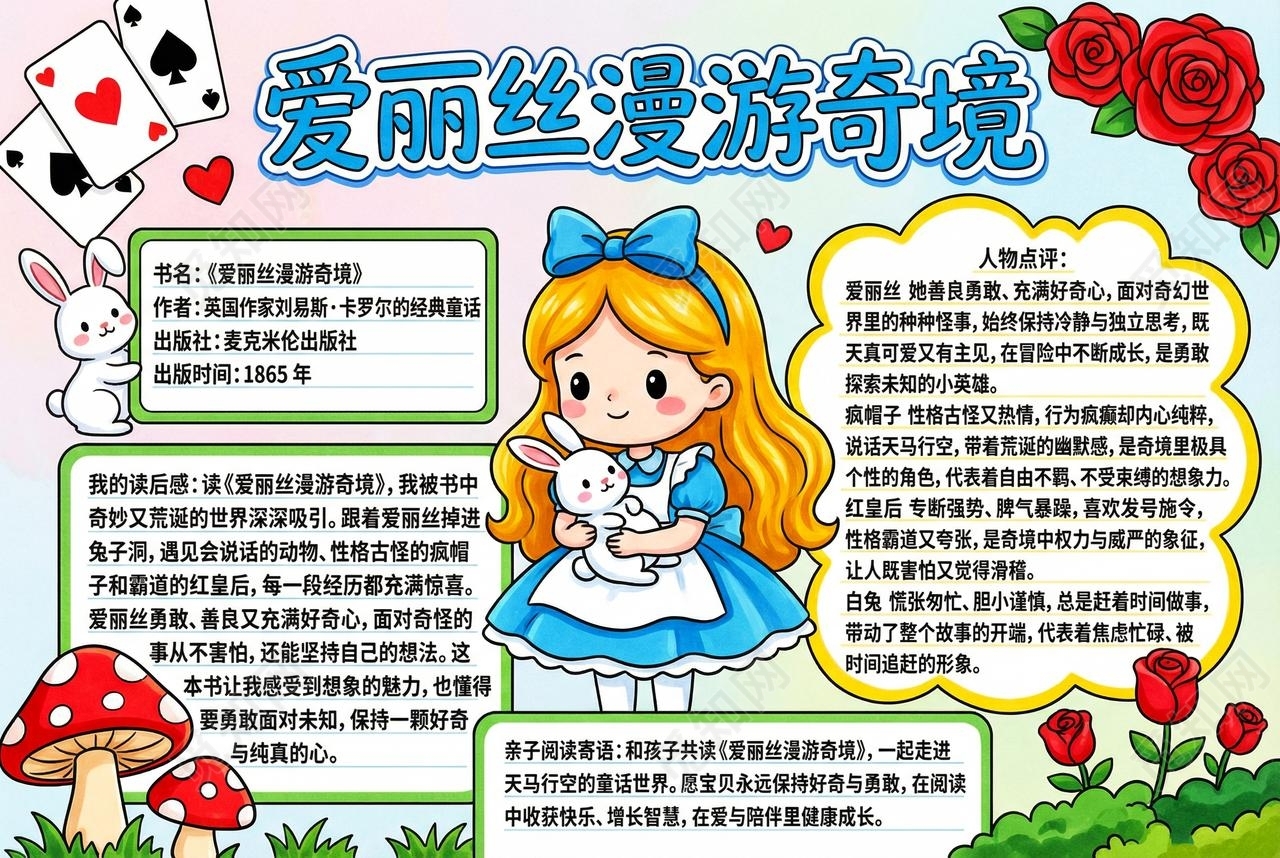 彩色卡通手绘爱丽丝梦游仙境的手抄报小报读书