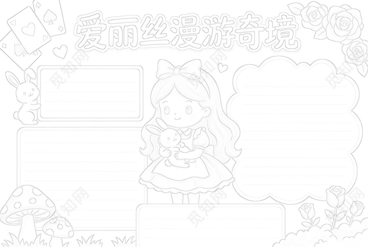 彩色卡通手绘爱丽丝梦游仙境的手抄报小报读书