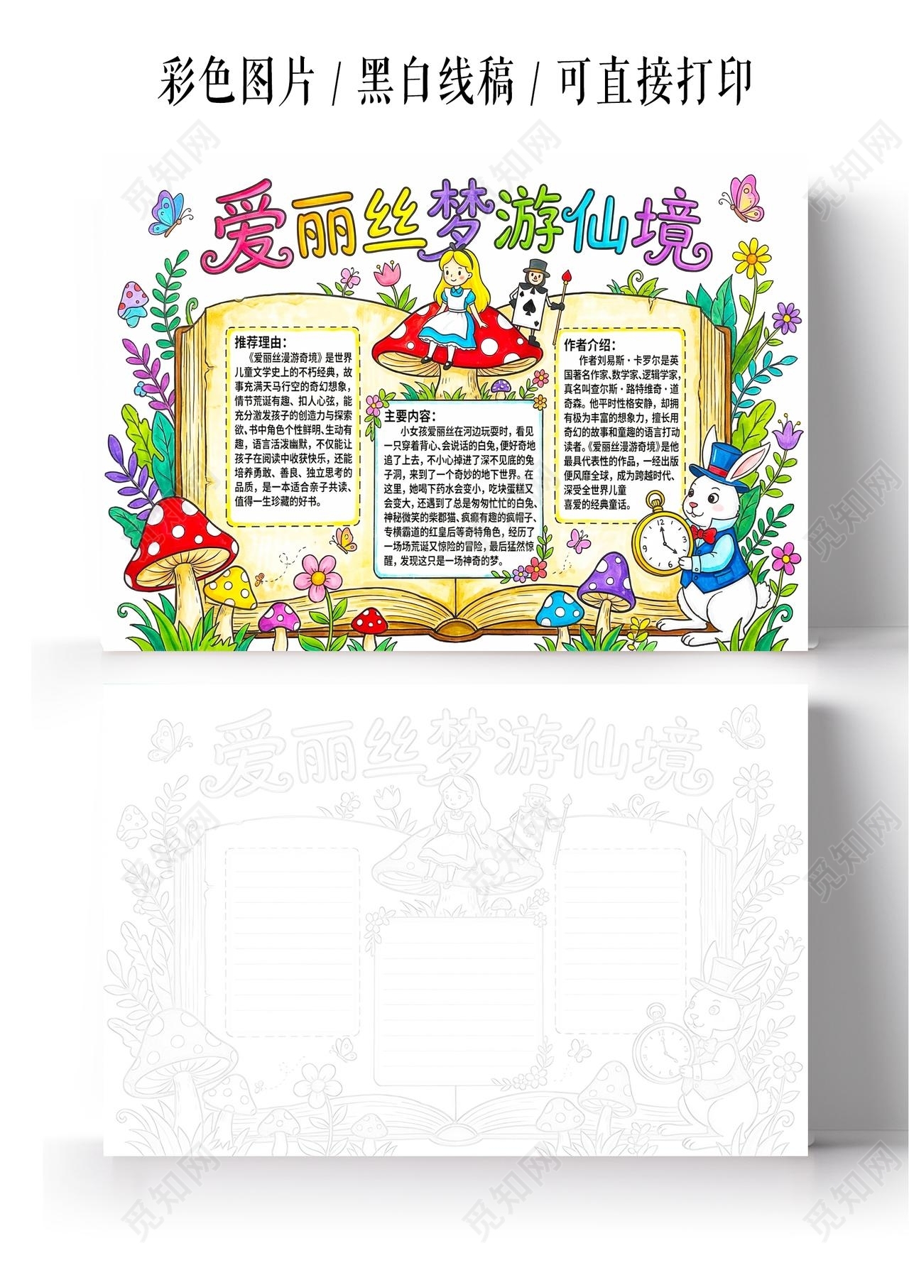 彩色卡通手绘爱丽丝梦游仙境小报手抄报读书
