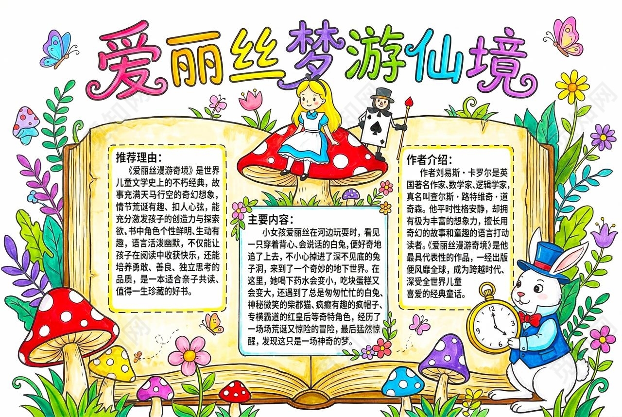 彩色卡通手绘爱丽丝梦游仙境小报手抄报读书