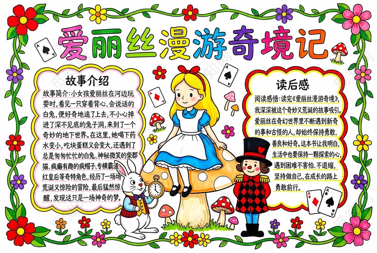 彩色卡通手绘爱丽丝漫游奇境记手抄报小报读书