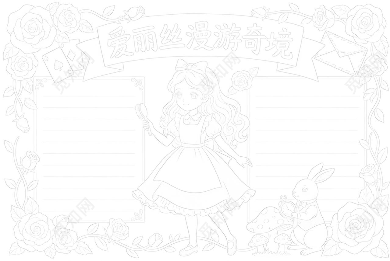 彩色卡通手绘爱丽丝漫游奇境小报手抄报读书