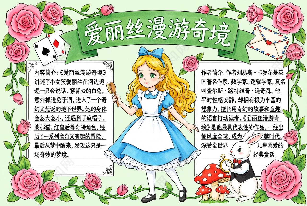 彩色卡通手绘爱丽丝漫游奇境小报手抄报读书