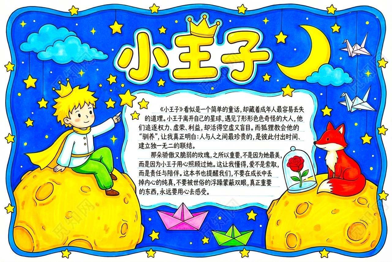 彩色卡通手绘小王子小报手抄报读书